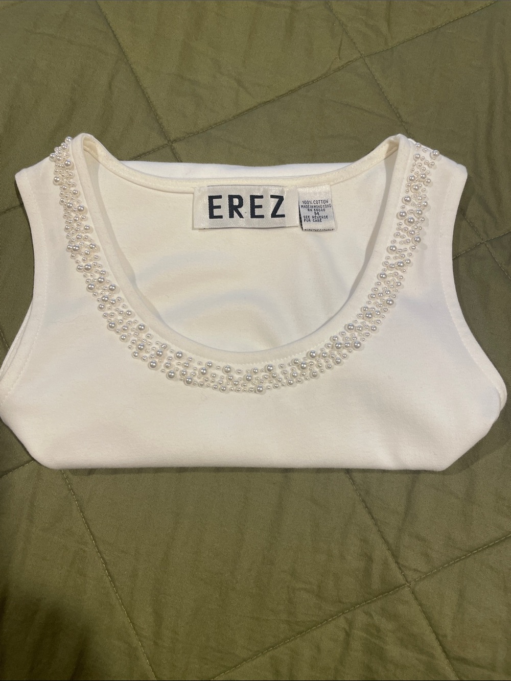EREZ 100% cotton white tank top with pearl trim size M